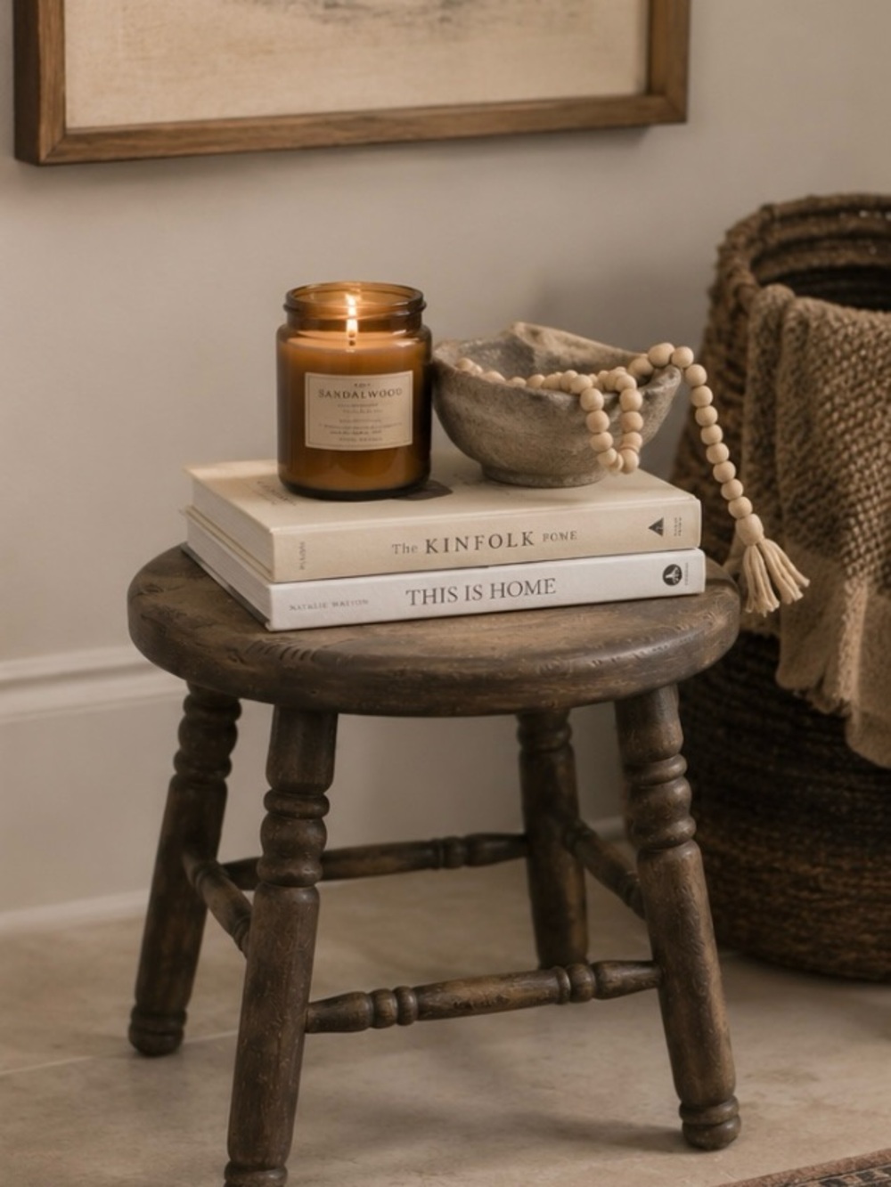 Round Turned-Leg Wooden Accent Stool in Brown Barrel Distressed Wood Turned Legs